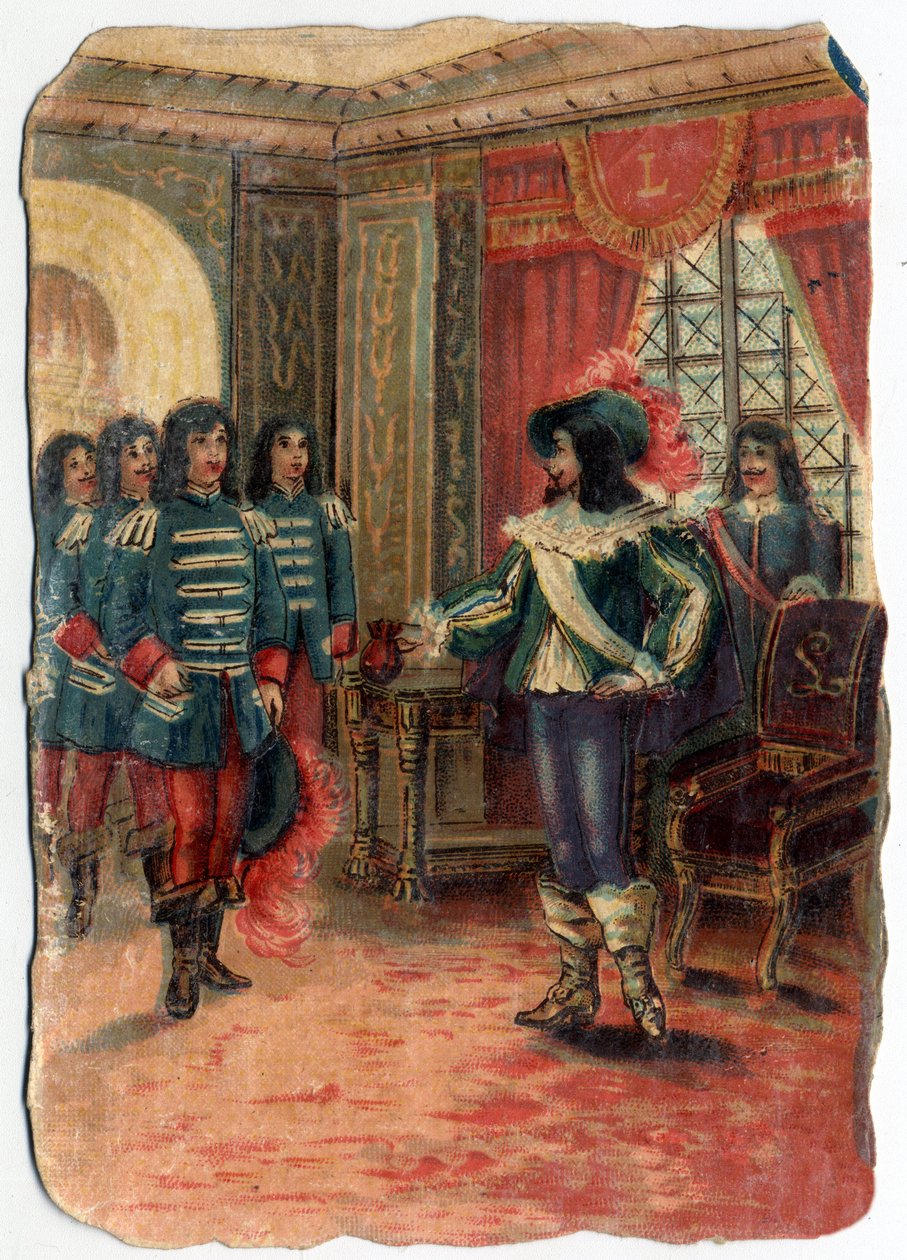 三个火枪手和红衣主教朱尔-马扎然（Giulio Raimondo Mazzarino或Mazarino）（1602-1661）的卫队之间的不和谐。19世纪的彩色石版画。 作者 未知艺术家