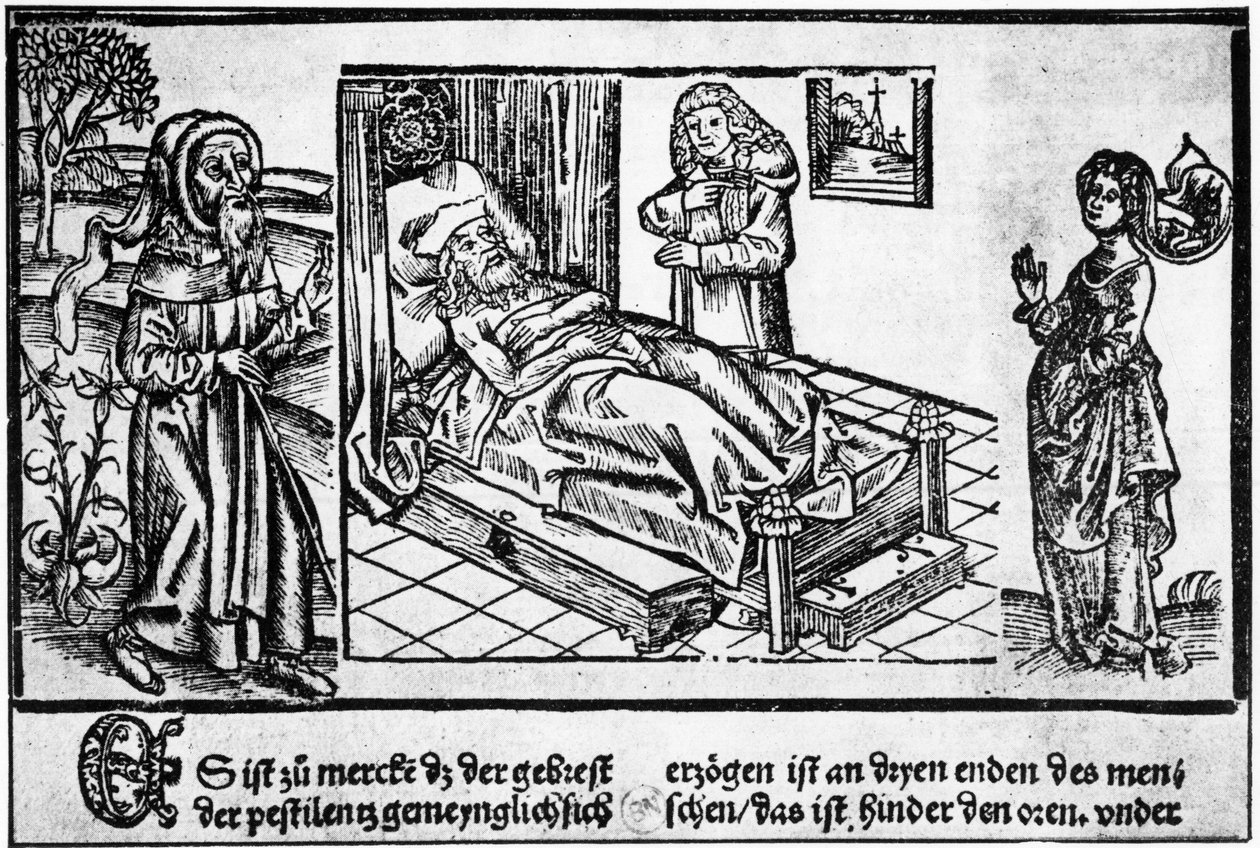 The doctor in bed of the pestiferé, wood engraving of the “Liber pestilentialis” by Jérôme Brunschwig, Strasbourg 作者 未知艺术家