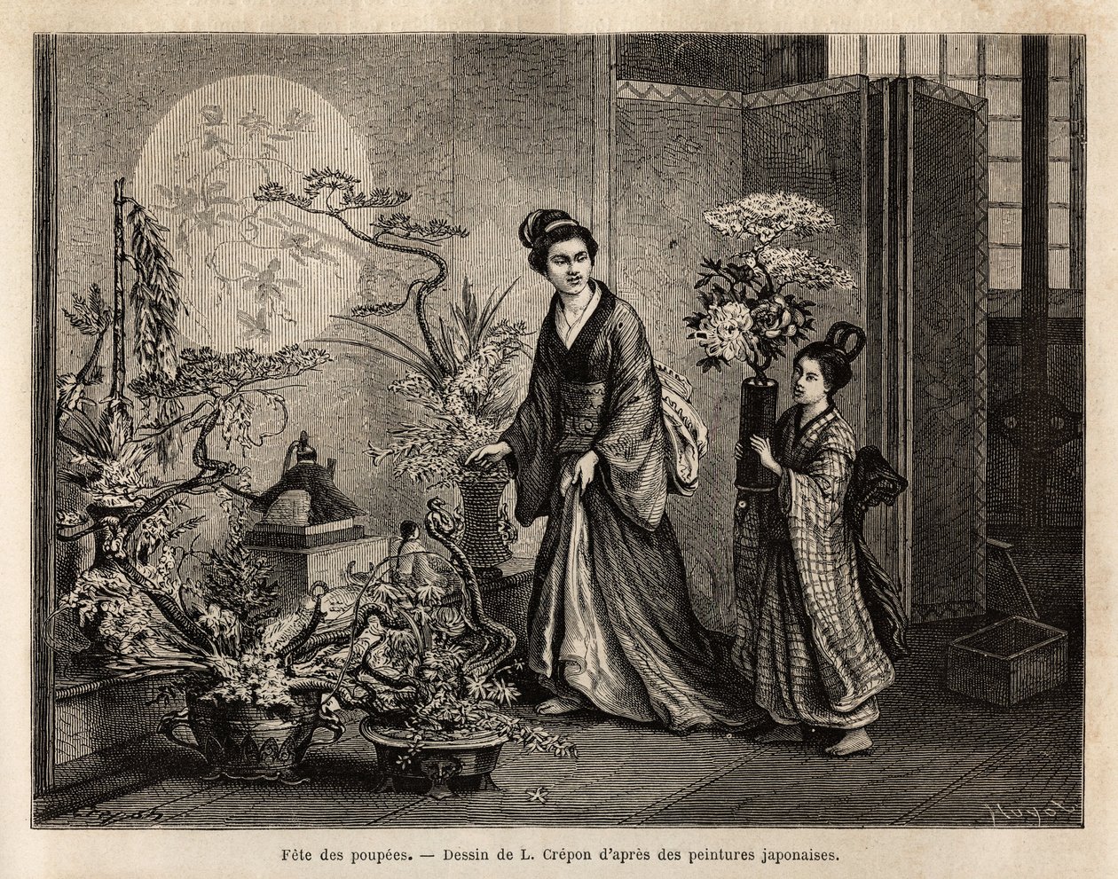 娃娃节（或称hinamatsuri）在3月3日举行，特别是对小女孩来说，她们把自己的娃娃从储藏箱里拿出来，在祭坛上展示，并向它们献上鲜花和蛋糕。这些玩偶是保护人们免受疾病侵害的护身符的来源。 作者 未知艺术家