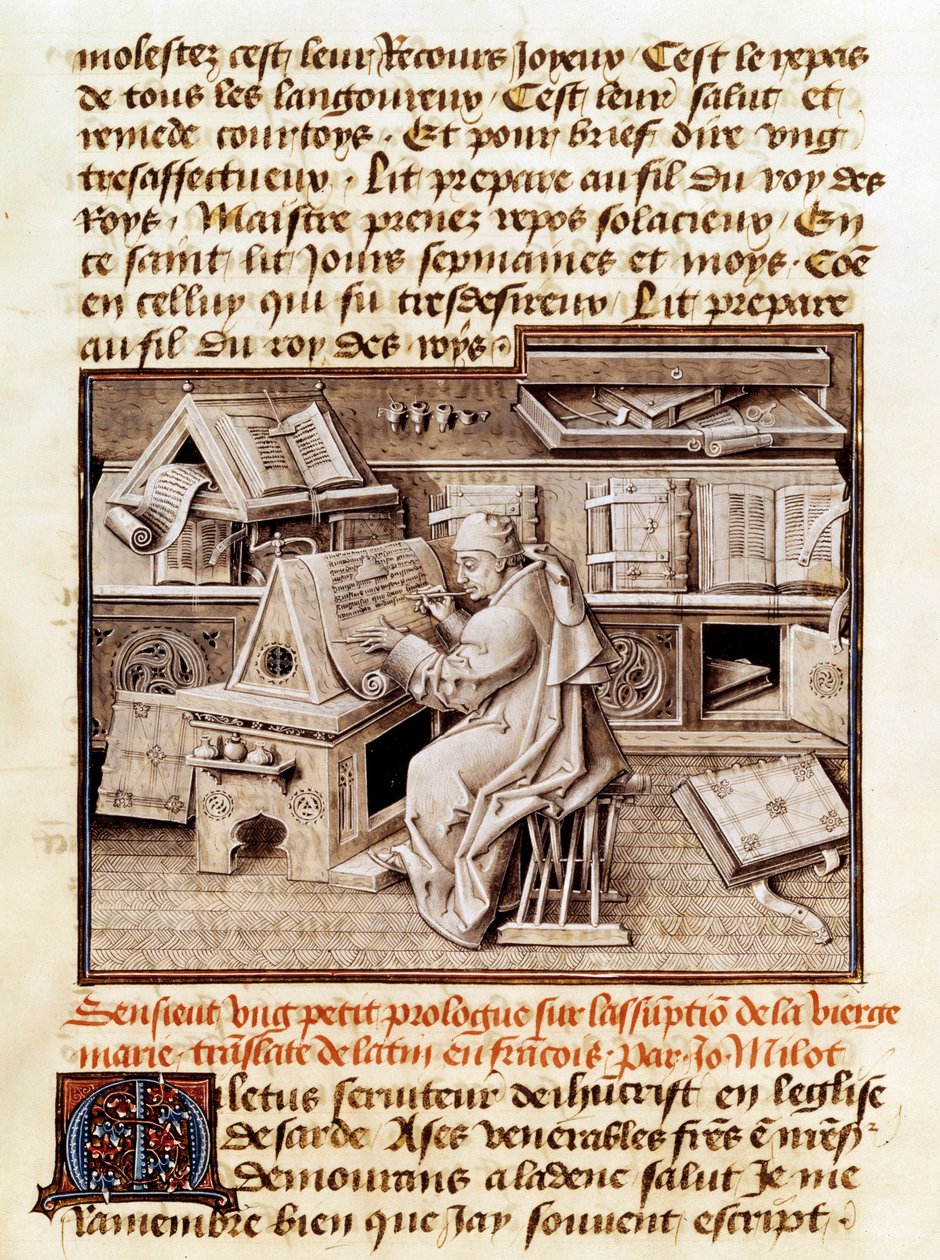 The ecclesiastic, copist and translator Jean Mielot (died 1472) represents working in his office Page of a 15th century manuscript. Paris, B.N. 作者 未知艺术家