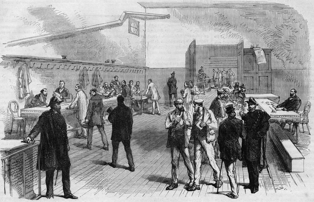 1869年巴黎的选举：向蒙马特市政厅分发选举地图。1869年的雕版画。 作者 未知艺术家