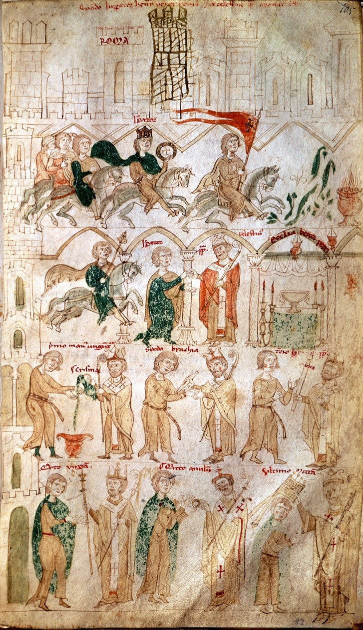 神圣帝国的亨利六世（1165-1197）进入罗马并于 1191 年 4 月 14 日由教皇塞莱斯廷三世加冕为皇帝。 Eboli) - (codex 120, fol 105) 13 世纪 Burgerbibli 作者 未知艺术家