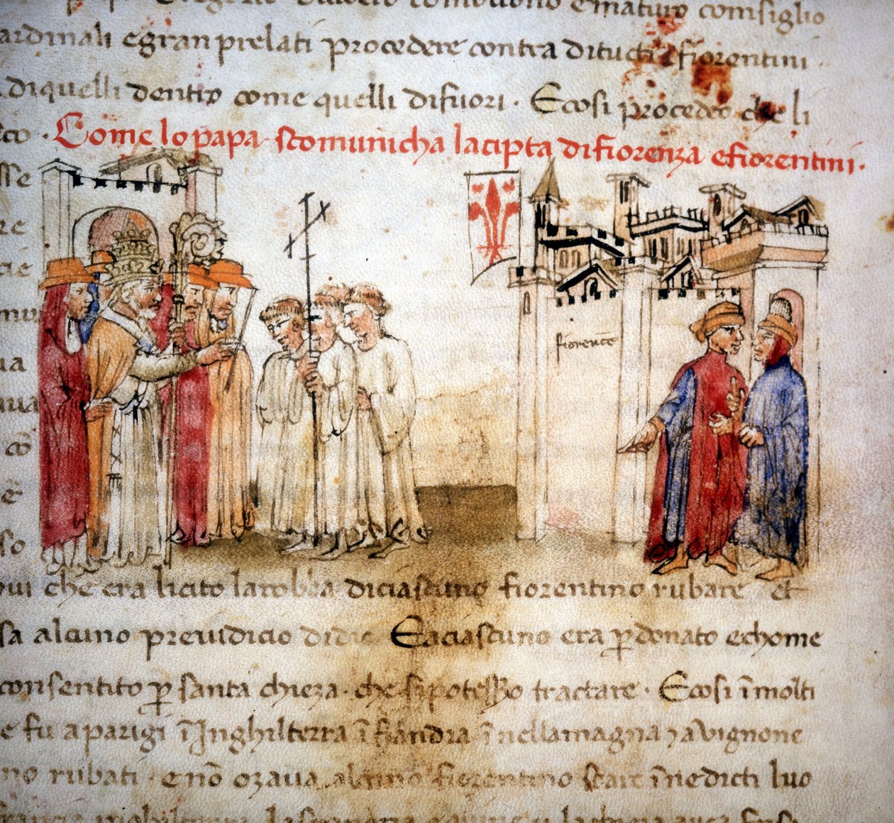 1375年佛罗伦萨的被驱逐者和佛罗伦萨人--在 "Croniche del Sercambi"，约1400年。 作者 未知艺术家