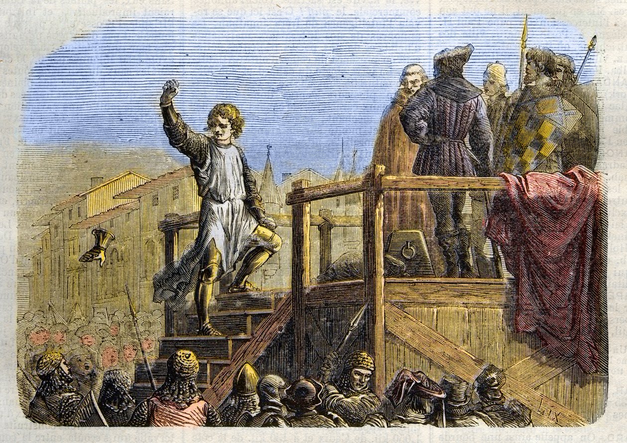 1268年Tagliacozzo战役后，安茹的查尔斯下令处决西西里岛国王兼斯瓦比亚公爵康拉定（或霍恩斯托芬的康拉定）（1252-1268）"（西西里岛最后一位施陶芬国王康拉定（或小康拉）的处决，在 作者 未知艺术家