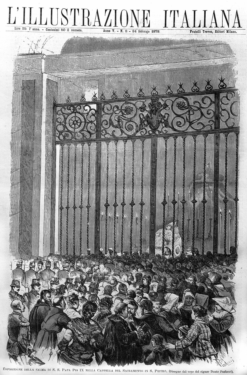 教皇庇护九世（1792 - 1878）的遗体在梵蒂冈的萨克拉门托小教堂展出。1878年2月的 "lillustrazione italiana "的封面。 作者 未知艺术家