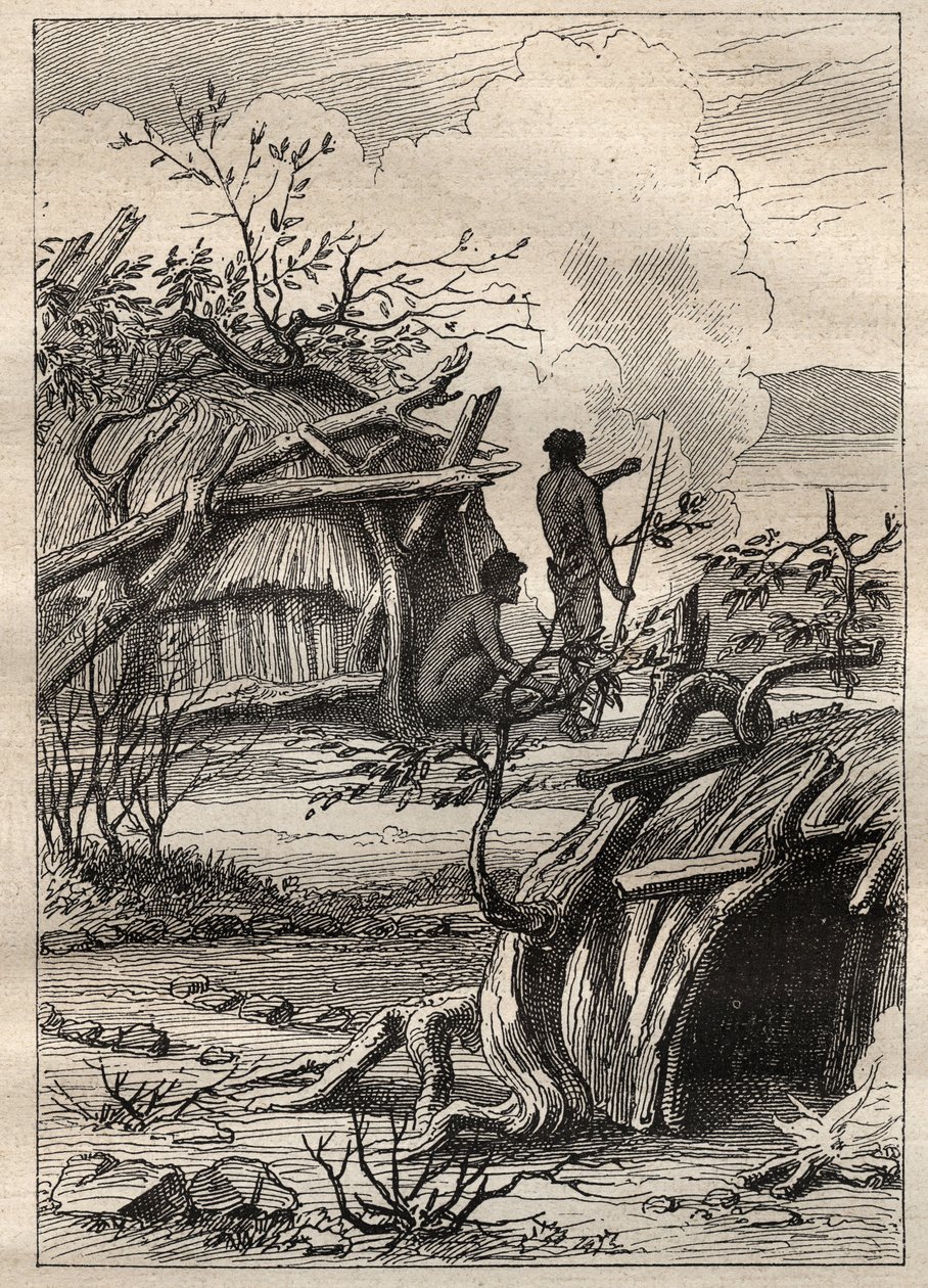 Etienne Marchand船长（1755-1793）的环球探险（1790-1792）：Enddacht（澳大利亚）土地上的土著小屋 - 插图来自 "18世纪伟大的航海家" 作者 未知艺术家