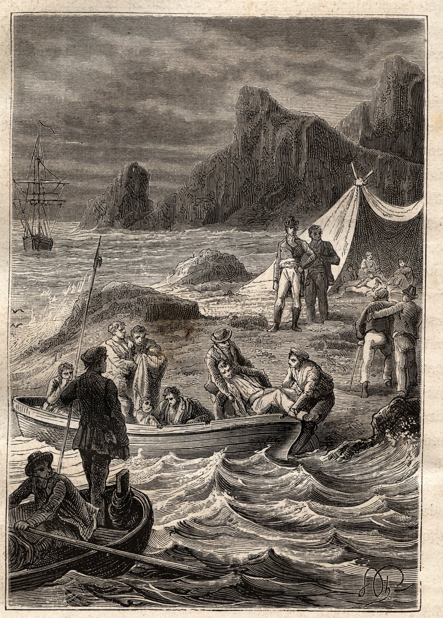 尼古拉-鲍丁（1754-1803）对南部土地的远征（1800-1803）：患坏血病的人被运到冒险湾（澳大利亚塔斯马尼亚）上岸--插图来自 "18世纪伟大的航海家" 作者 未知艺术家