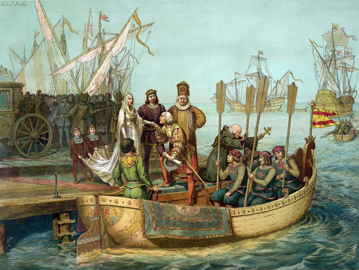 第一次旅行。1492年，克里斯托弗-哥伦布在出发前向卡斯蒂利亚的伊莎贝拉女王问候，前往帕洛斯港。19世纪的雕版画 作者 未知艺术家