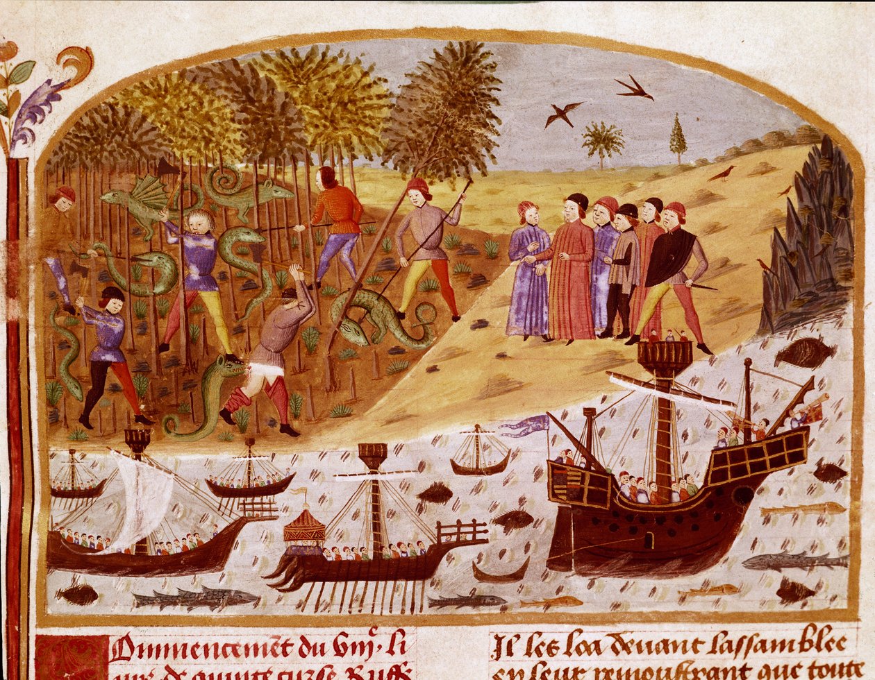 亚历山大大帝的舰队 迷你版取自Quintus Curtius Rufus（Quinte Curce）的 "亚历山大大帝的事实之书"（1世纪），约1468年-（1335年）兰斯市图书馆 作者 未知艺术家