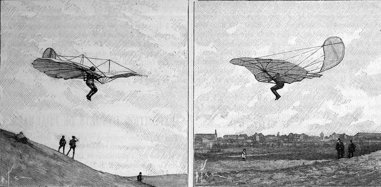 德国航空先驱奥托-李林塔尔（1848-1896）的飞行器，处于两个不同的位置（来自一张即时照片）。雕刻在1894年2月3日的《自然：科学与艺术和工业应用杂志》上。 作者 未知艺术家