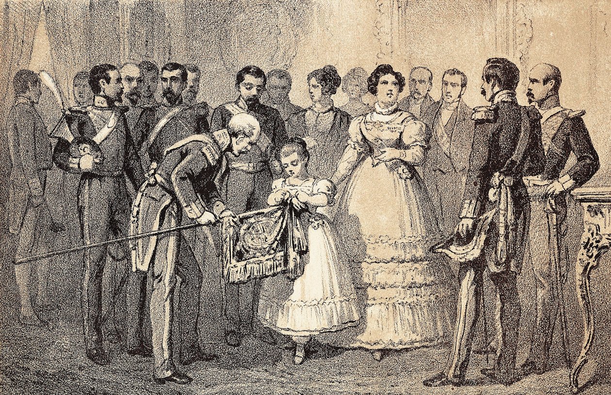 未来的西班牙女王伊莎贝拉二世 (Isabella of Bourbon) (1830-1904) (Isabel II of Espana) 装饰着圣费迪南德勋章 (San Fernando) 卫队长矛的旗帜。 石版画。 作者 未知艺术家