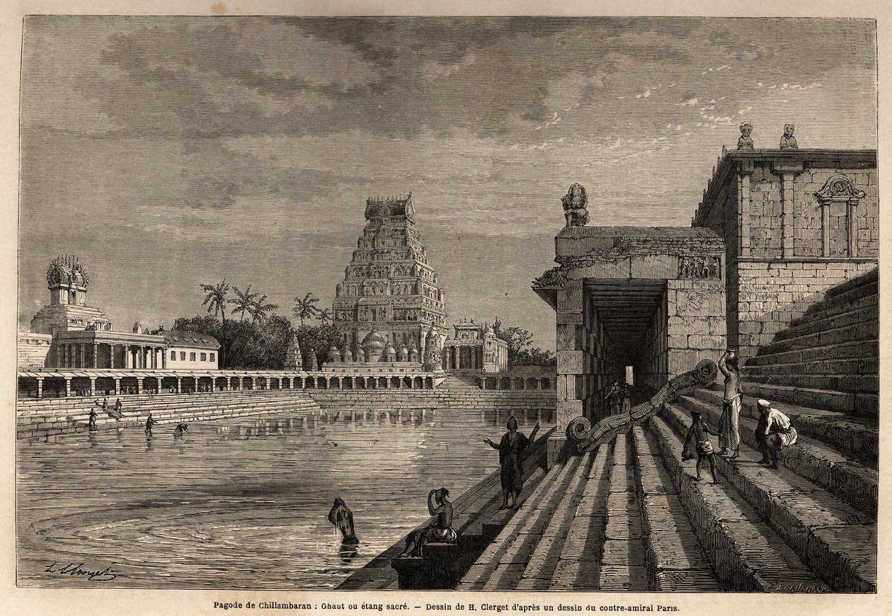Chillambaran宝塔的ghaut或神圣池塘，位于孟加拉湾，靠近本地治里（Pondicherry）（印度）； 一些忠实的信徒走下巨大的楼梯去洗澡或进行清洁沐浴。 雕刻以说明远征 作者 未知艺术家