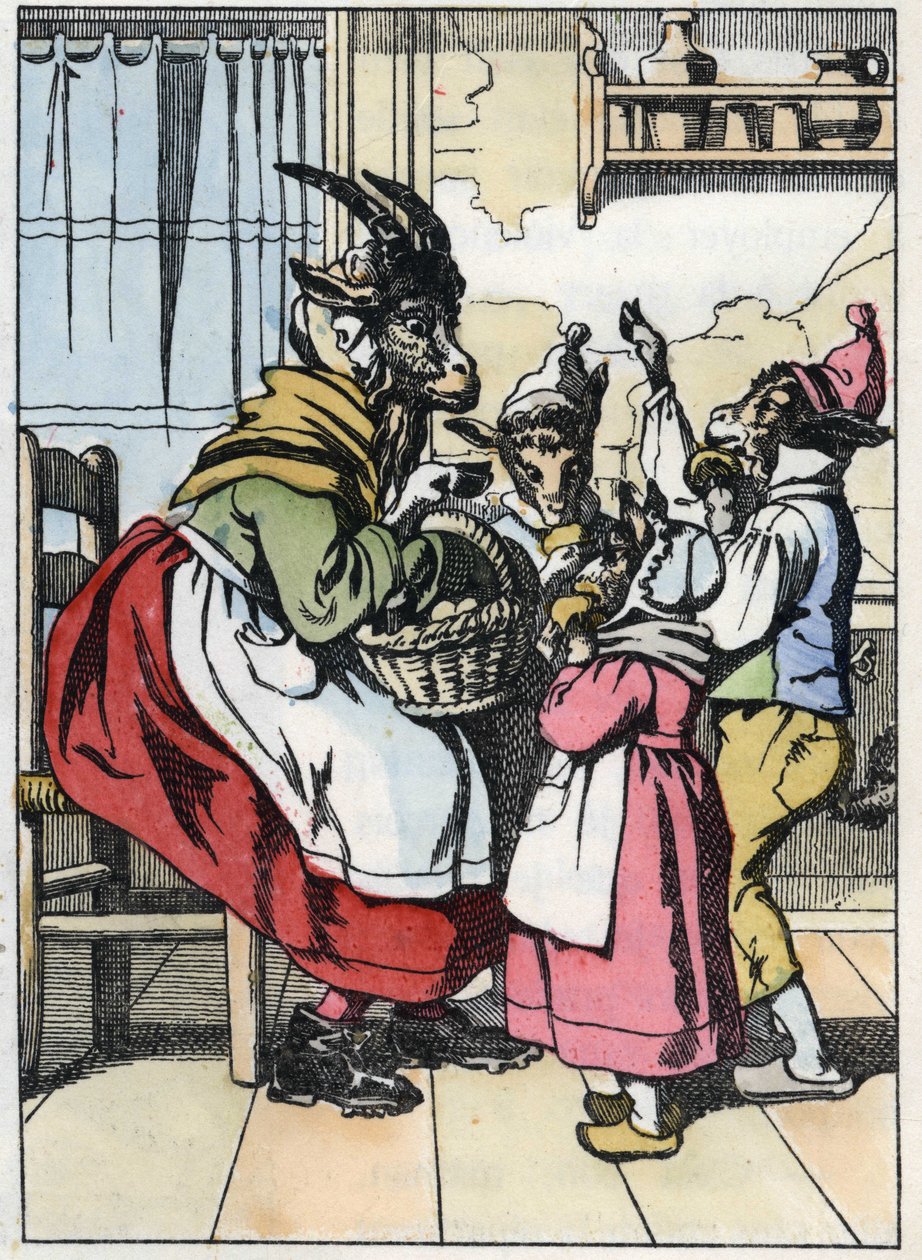 山羊走出市场，听着biquets的历史。寓言故事 "Compere le Loup, Maitre Renard, Comere la Chevre et ses petits biquets "的插图，根据Jean de la Fontaine的寓言。在 "小家伙们的家庭故事 "中 作者 未知艺术家
