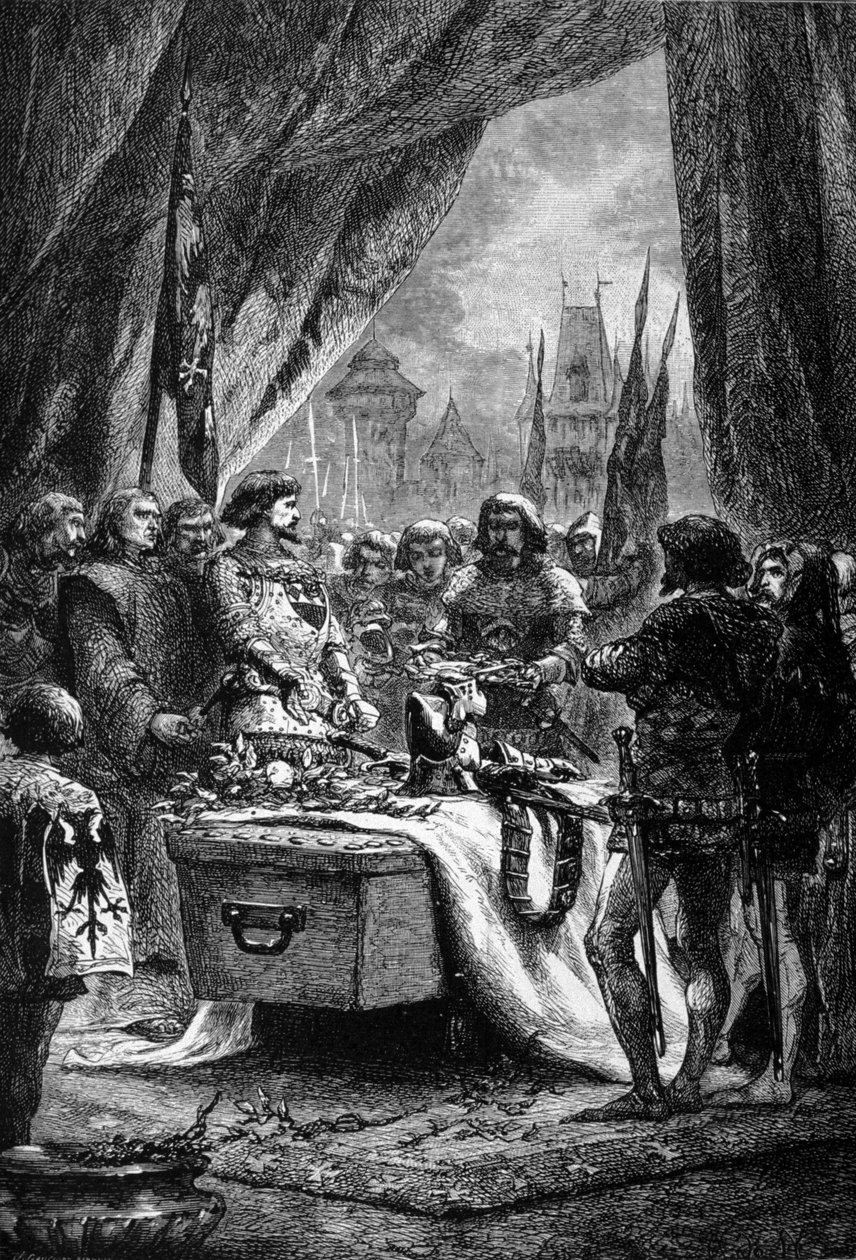 总督将 Chateauneuf de Randon 的钥匙放在了 Bertrand Du Guesclin（1320 - 1380）的棺材上，他是布列塔尼的战争人物和法国反英爱国者。 19 世纪的雕刻。 作者 未知艺术家