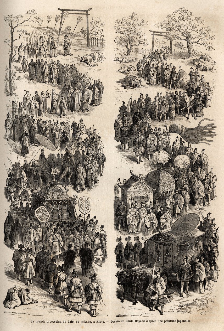 794年至1869年期间，天皇（日本皇帝）在平安京（平安京，今京都）古皇城的大里的盛大游行。为说明1863-1864年的日本之行而绘制的版画，由瑞士部长艾梅-亨伯特绘制 作者 未知艺术家