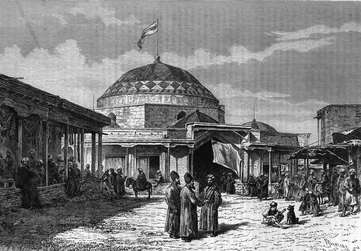 19世纪乌兹别克斯坦撒马尔罕（Samarqand或Samarkand）的大集市。1888年 "青年杂志 "上的版画。 作者 未知艺术家