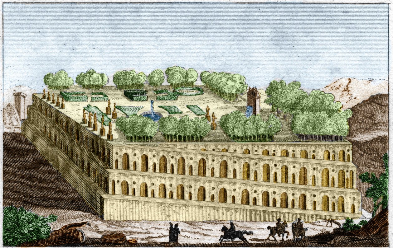 巴比伦传奇女王塞米拉米斯的悬空花园，世界七大奇迹之一。1829年罗林的 "旧历史 "中的版画。 作者 未知艺术家