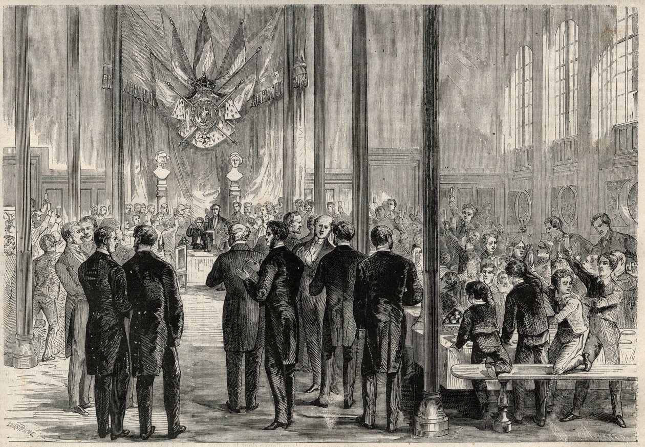 帝国王子尤金-路易斯-约瑟夫（1856-1879）在巴黎出席圣-查理曼（Saint Charlemagne）的宴会，在Lycee Bonaparte（当时的Lycee Condorcet）举行的。在 "杰出的宇宙 "中的雕刻作品 作者 未知艺术家