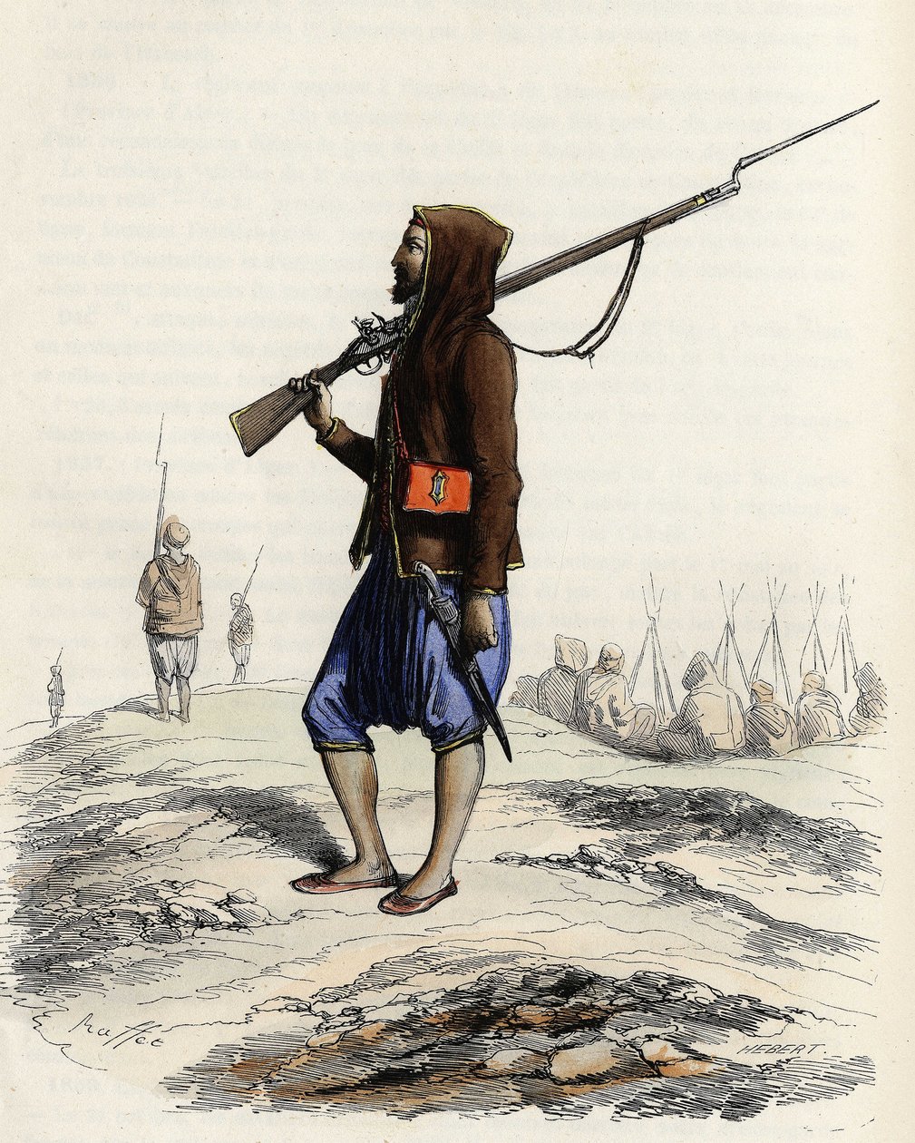 1830年阿尔及尔远征期间，埃米尔-阿卜杜勒-卡德尔的步兵在抵抗法军。在莱昂-加里贝尔的《古今阿尔及利亚》中 作者 未知艺术家