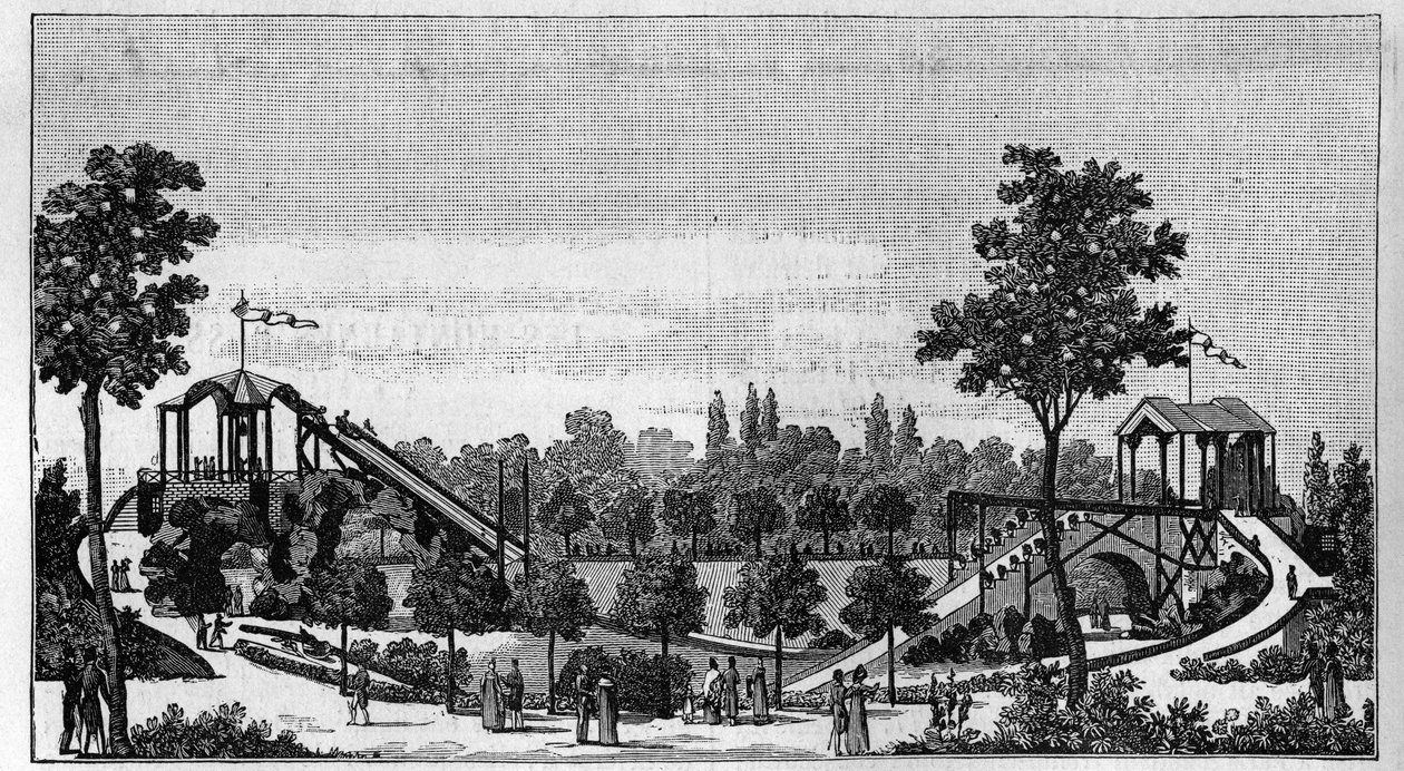 1824年左右从尼亚加拉跳到巴黎圣拉扎尔街的鲁杰里花园。"La Nature.科学及其在艺术和工业中的应用回顾"。1888 作者 未知艺术家