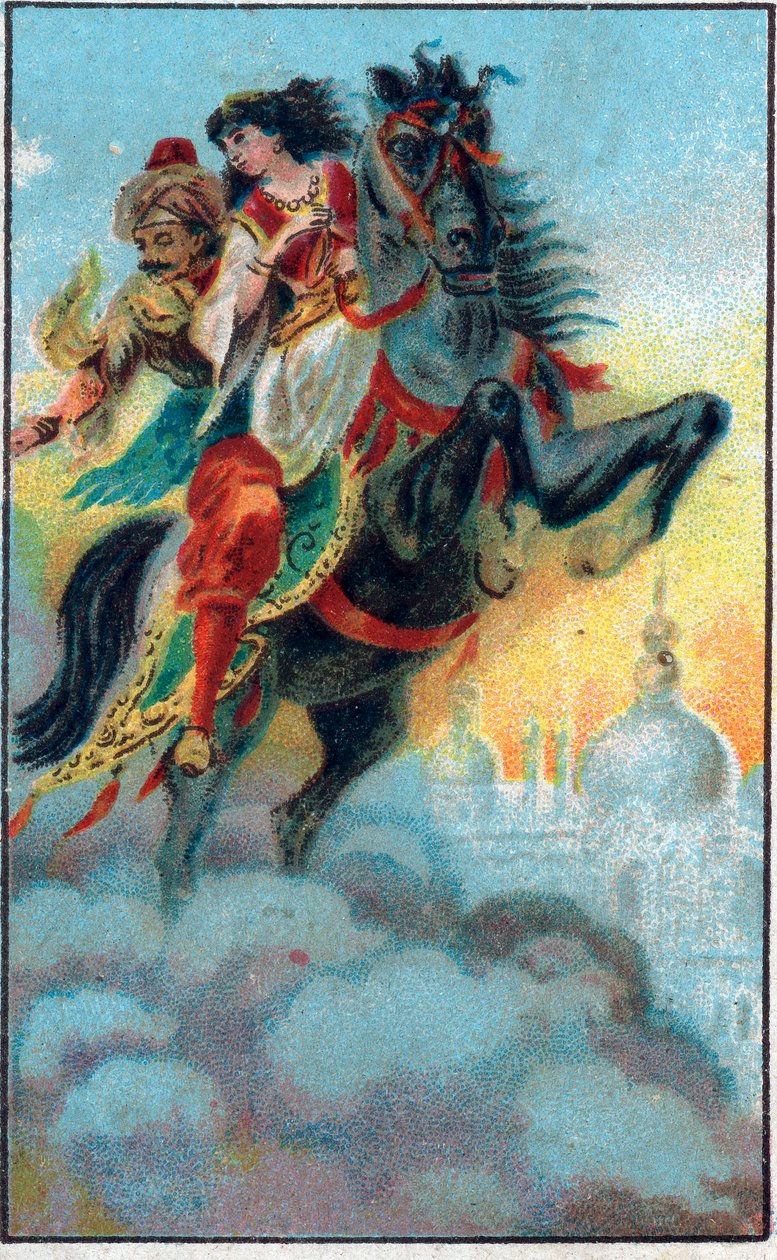 泄漏。故事 "Histoire du cheval enchante "在 "Les mille et une nuits"(les 1001 nuits ou Le mille e una notte, Arabian Nights)。19世纪末的彩色石版画。 作者 未知艺术家