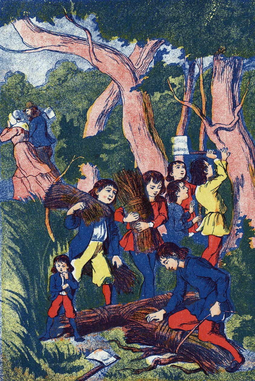伐木工人抛弃了他们的孩子，《Le Pepetit poucet》的插图，法国作家Charles Perrault（1628-1703）的故事。匿名插图。图片来源：马塞尔-瓦涅，贾维尔-南希，无日期（19世纪末）。 作者 未知艺术家