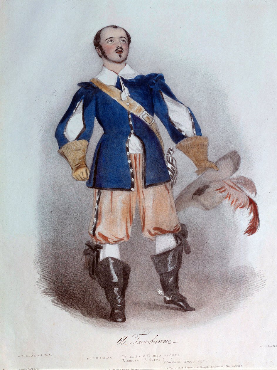 抒情歌手安东尼奥·坦布里尼 (1800-1876) 在文森佐·贝里尼 (1801-1835) 的歌剧“我清教徒”中饰演里卡尔多，1836 年水彩画。巴黎，歌剧院博物馆图书馆 作者 未知艺术家