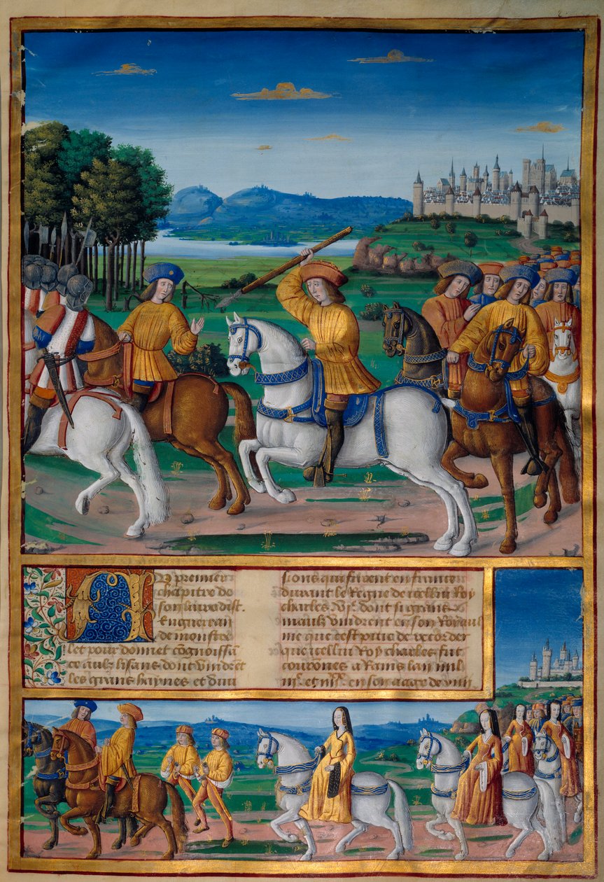 The madness of Charles VI (1368 - 1422). On 5 August 1392, in the forest of Le Mans, he began to experience attacks of furious madness: screaming for treason, he attacked his own troop and killed four people. Chronicles of Enguerrand de Monstrelet (v. 1400 作者 未知艺术家