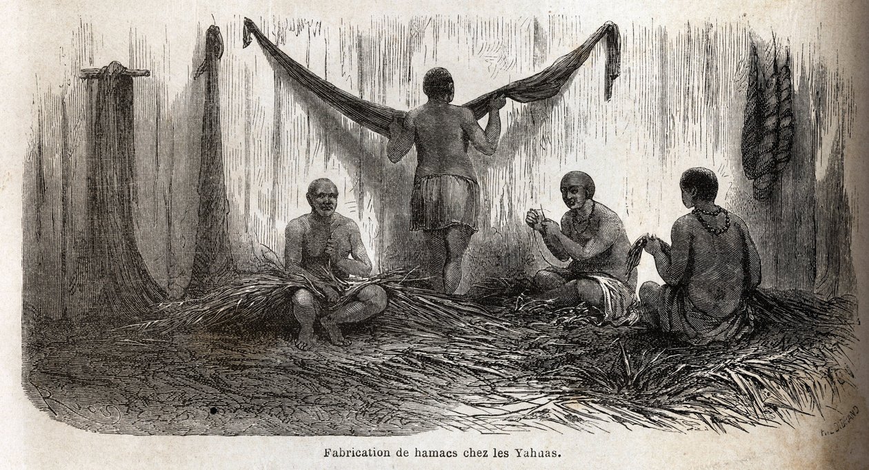 在秘鲁的 Yahua 印第安人中，用棕榈 chambira 的细线制作吊床鱼片。 1848-1860 年保罗·马科伊 (Paul Marcoy) 在“Le tour du 作者 未知艺术家
