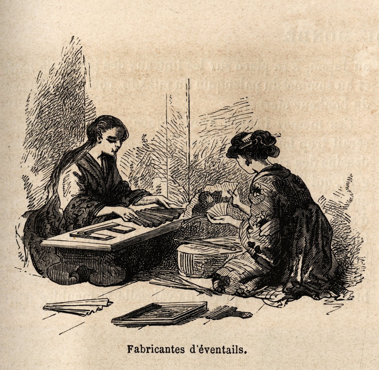 The manufacture of eventails. Engraving to illustrate the voyage to Japan in 1863-1864, by Aime Humbert, minister of the Swiss Confederation, in “Le tour du monde, nouveau journal des voyages”, published under the direction of Edouard Charton 作者 未知艺术家
