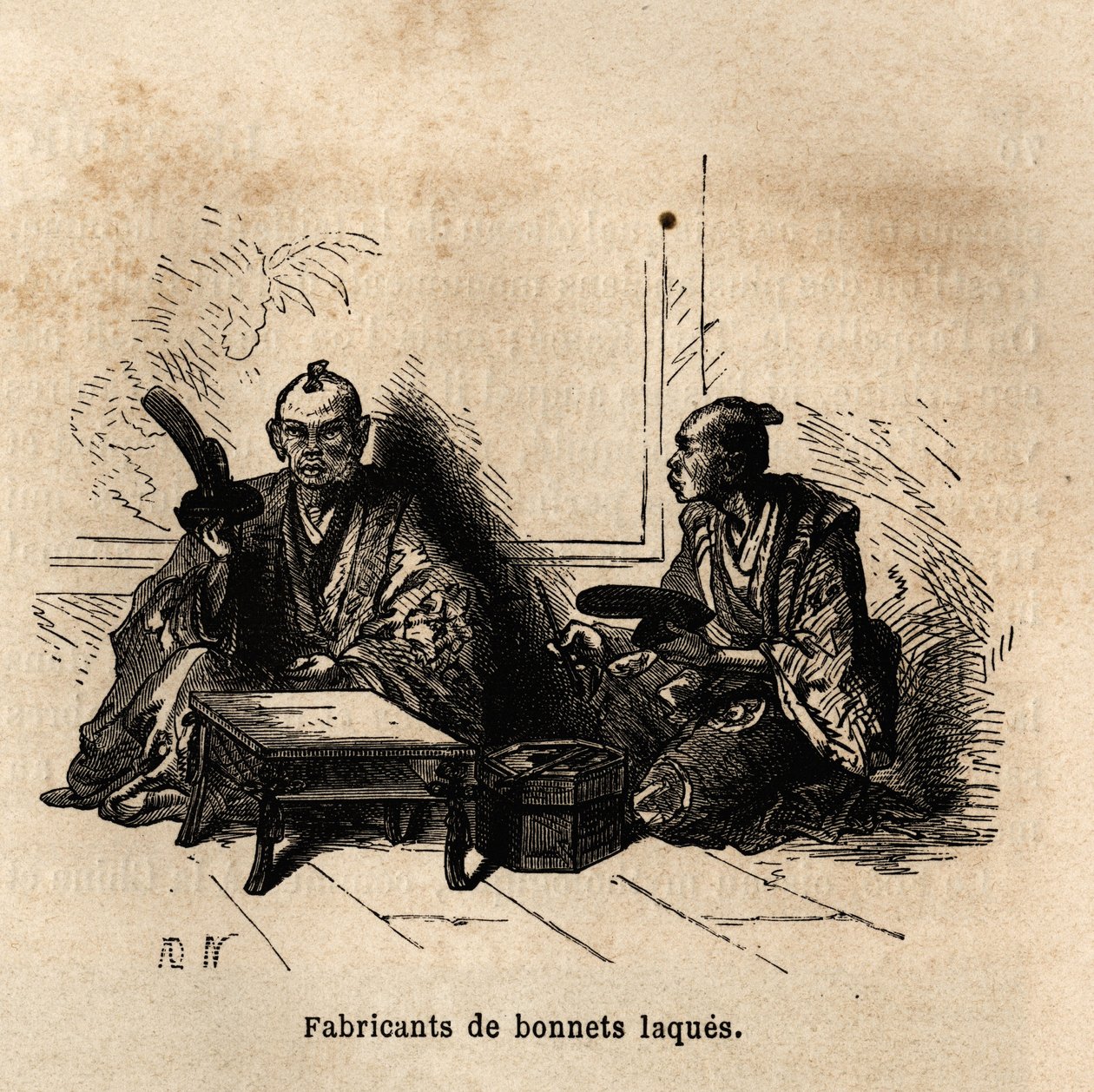 漆杯的制造商。瑞士联邦部长艾梅-亨伯特为1863-1864年的日本之行绘制的版画，载于《世界之旅，新的航海杂志》，由爱德华-沙特尔指导出版。 作者 未知艺术家