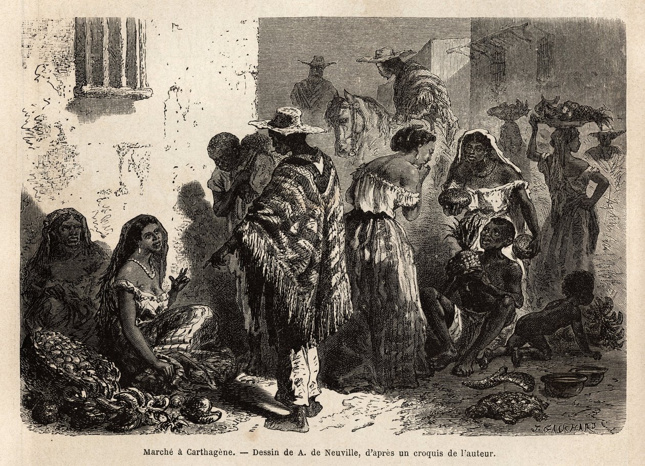 The march of Cartagena (Colombia), in the suburbs of the city, frequented mainly by blacks, metis and Indians. Engraving to illustrate the voyage to New Granada, by Dr. Saffray, in 1869, published in “” Le tour du monde””” 1872, edited by Edouard Charton,  作者 未知艺术家