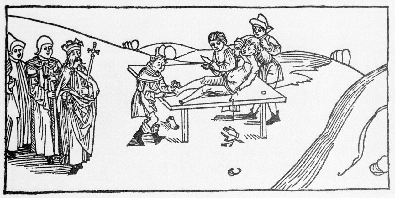 犹地王亚基帕的希律杀死了少校圣雅各的殉难。 Voragine (1228-1298) 的 Jacobus (James) 的“Leben der Heiligen - sommerteil”（圣人之书）雕刻。 吕贝克 1488。 作者 未知艺术家