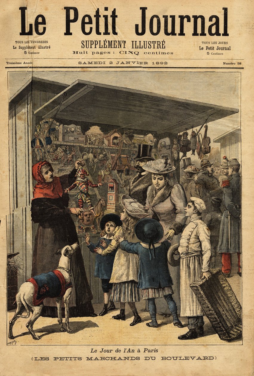 在巴黎，商人和他们的林荫道上的年节展示。1892年1月2日 "Le petit journal "上的雕刻。塞尔瓦的收藏。 作者 未知艺术家