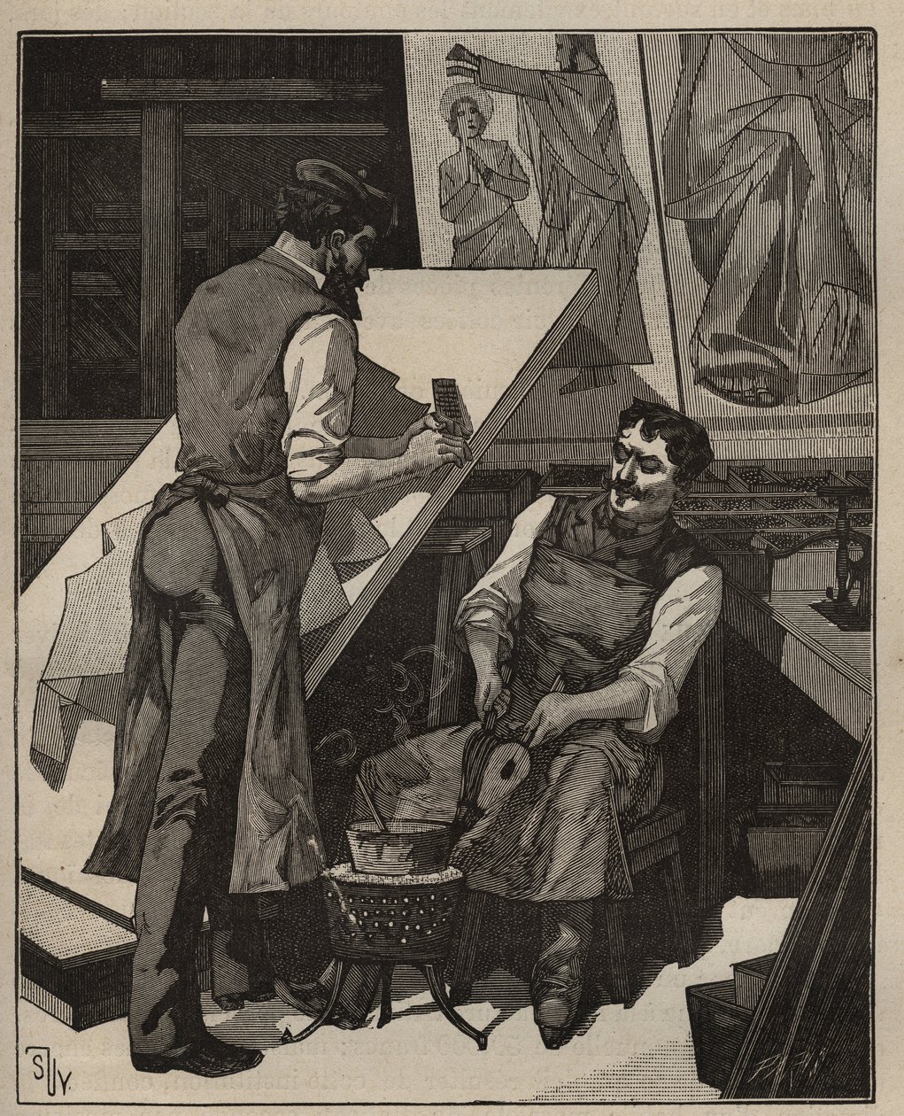 马赛克：马赛克工作室。1885年阿道夫-比塔尔（Adolphe BITARD）在 "艺术与计量图解 "中的版画。 作者 未知艺术家