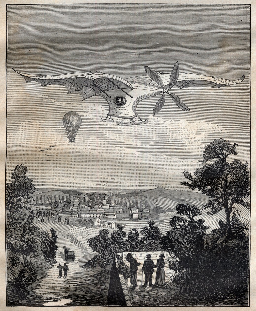 新的航空气球：克莱门特-阿德（1841-1925）的鸟，Eole，1891年在巴黎附近的Eugene Pereire公园的实验中，它将飞离地面15米 - 雕刻在 "La Science francaise" 作者 未知艺术家