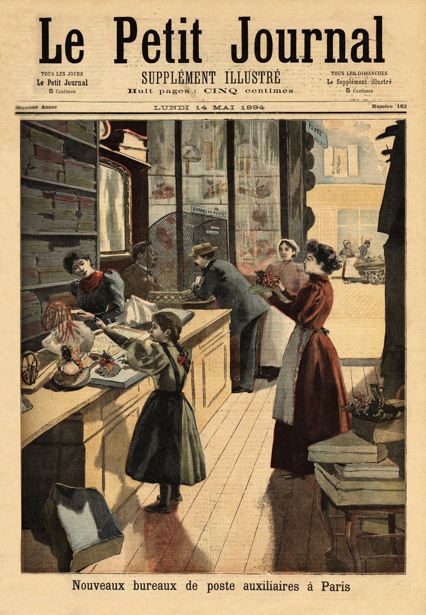 The new auxiliary post offices in Paris, some negociators open a postal service counter, parallel to their commercial activities. Engraving in “” Le petit journal”” 14/05/1894. Selva