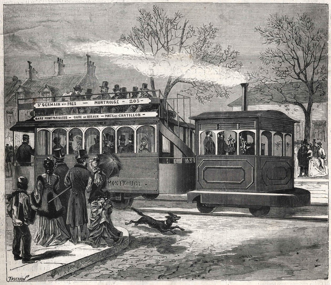 1876年巴黎的新蒸汽电车在圣日耳曼-德-普雷斯线上运行，在夏蒂永的门口，雕刻的比安切蒂收藏。 作者 未知艺术家