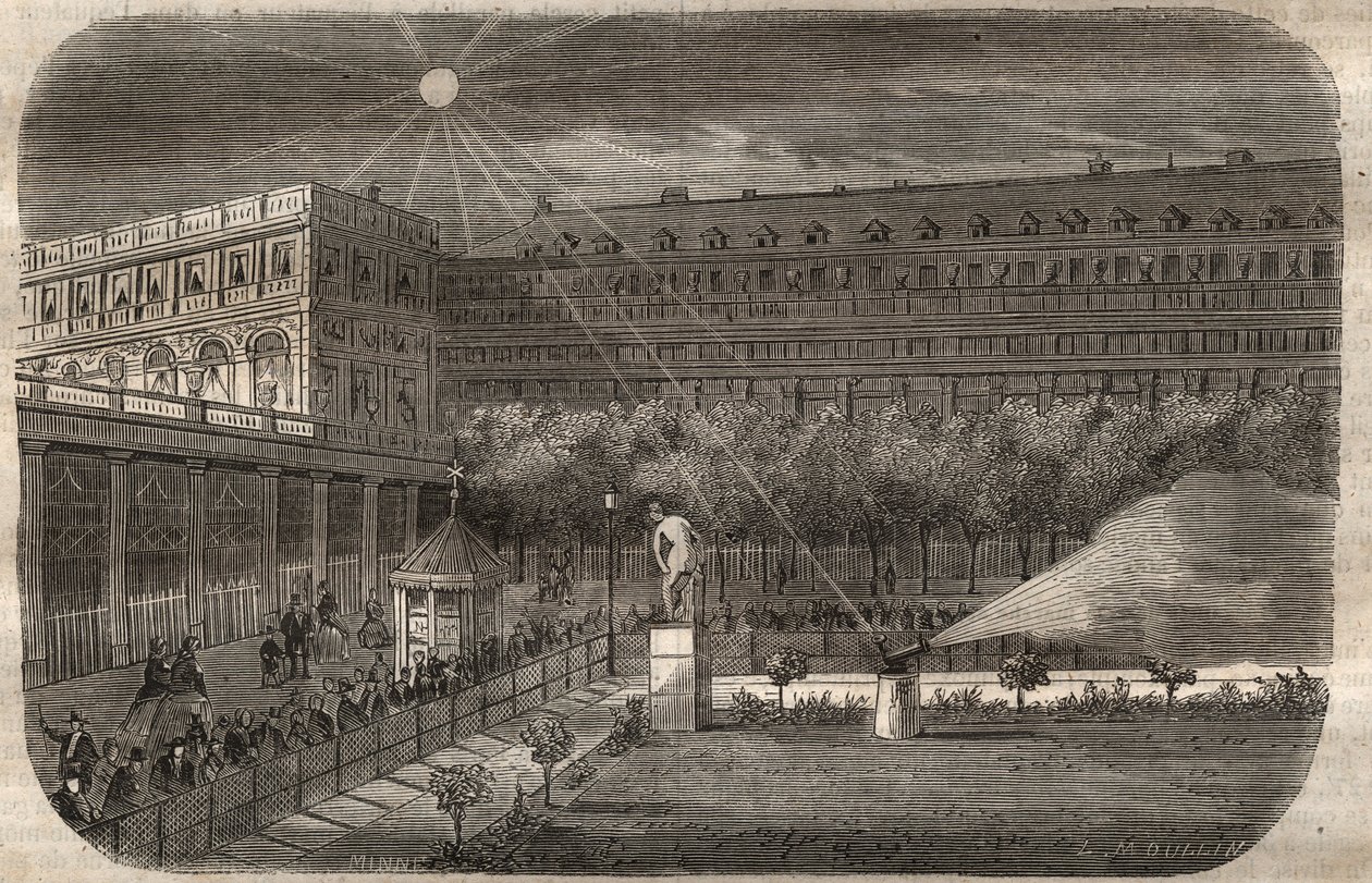 巴黎皇家宫殿（Palais-Royal）的正午炮（太阳炮）。1857年在 "Le Musee Des Sciences "中的雕版画 作者 未知艺术家