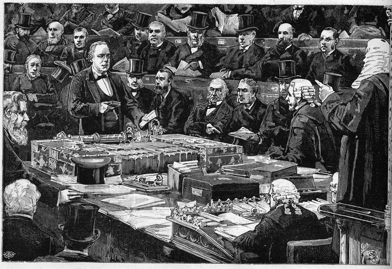 1882年2月21日英国下议院议员查尔斯-布拉德劳（1833-1891）的宣誓，他是无神论的激进分子，拒绝进行占据议会席位所需的传统宗教宣誓。他在这里代表的是一本《圣经》。 作者 未知艺术家