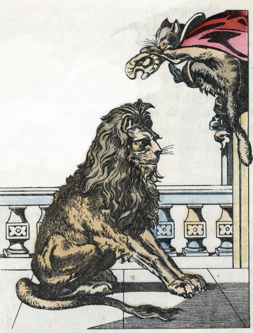 食人魔在靴猫的要求下变成了狮子。查尔斯-佩罗的故事 "靴猫 "的插图 作者 未知艺术家