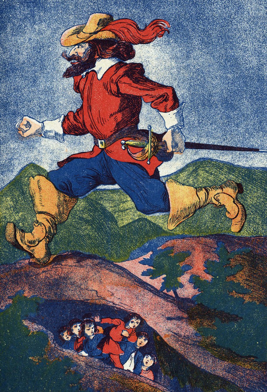 食人魔在寻找孩子。Le Pepetit poucet》的插图，法国作家查尔斯-佩罗（1628-1703）的故事。插图无名。图片来源：马塞尔-瓦涅，贾维尔-南希，无日期（19世纪末）。 作者 未知艺术家