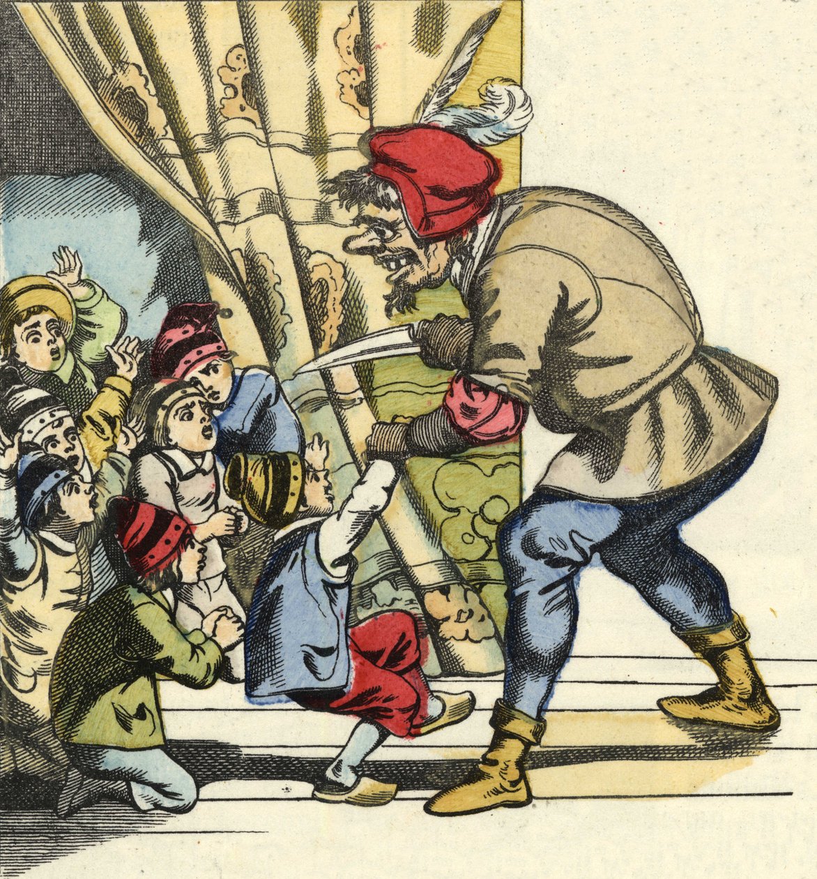 妖怪带走了一个孩子，打算把她吞掉。查尔斯-佩罗的故事 "Le Pepetit Poucet "的插图 作者 未知艺术家
