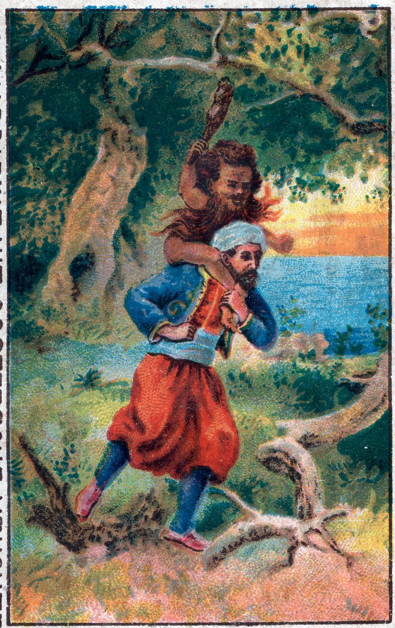 海上的老人水手辛巴达（Sindbad）的奇妙冒险。流行的1001夜（一千零一夜）的故事。19世纪末的彩色石版画。 作者 未知艺术家