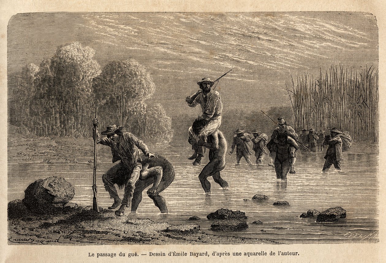 The passage of the gue, the Siriniris Indians, spontaneously propose to carry on their shoulds the members of the expedition, in order to make them cross the ponds formed at the foot of Mount Basiri (Peru). Engravure pour illustrrer le voyage dans les vall 作者 未知艺术家