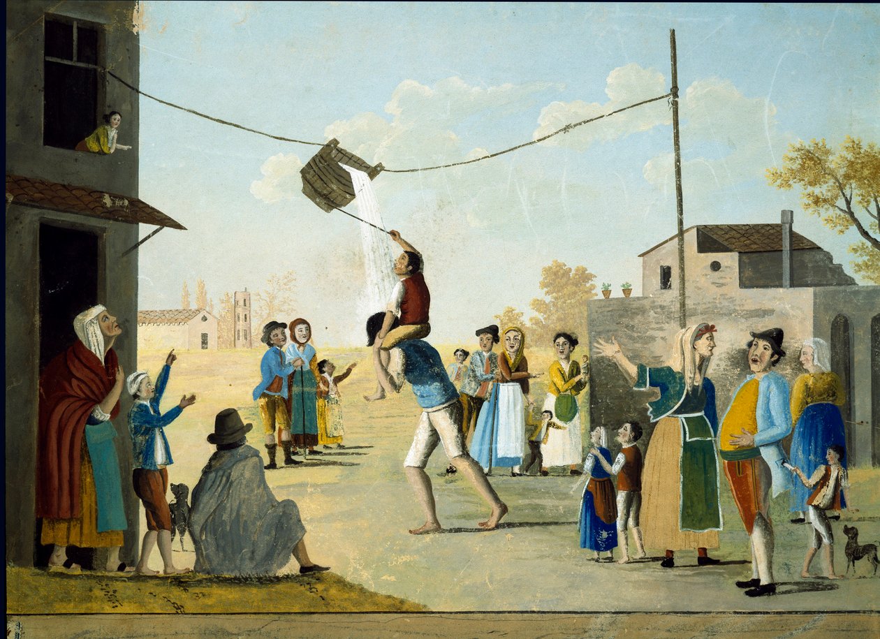 那不勒斯匿名绘画中流行的水桶游戏。 19 世纪那不勒斯国家博物馆 di San Martino 作者 未知艺术家