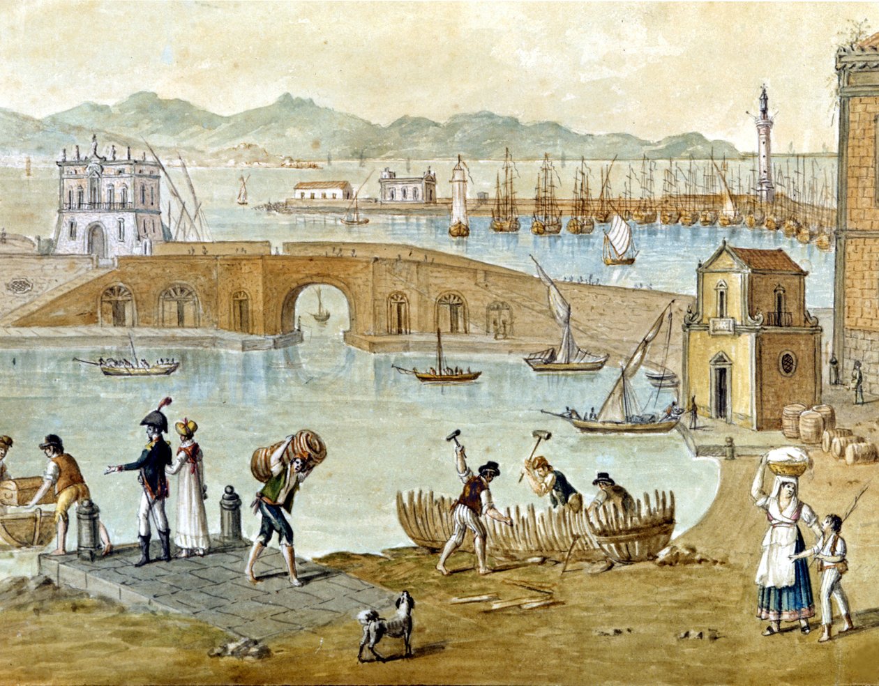 1800 年左右的那不勒斯港和圣卢西亚港：旅行者正准备离开，木匠正在建造一艘船。 水彩。 作者 未知艺术家