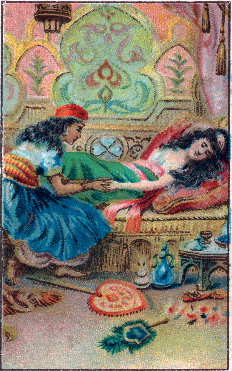公主晕倒了。故事 "Histoire du cheval enchante "在 "Les mille et une nuits"（1001 nuits或Le mille e una notte，天方夜谭）中。19世纪末的彩色石版画。 作者 未知艺术家