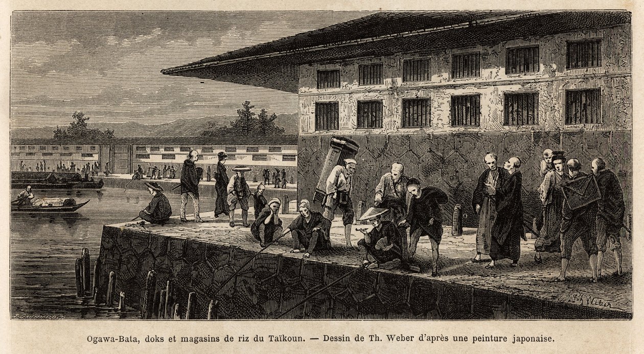 小川河（横跨江户，即今天的东京）上的太君（日本的时间君主）的码头和米店的仓库，。瑞士联邦部长艾梅-亨伯特1863-1864年为说明日本之旅而绘制的版画。 作者 未知艺术家