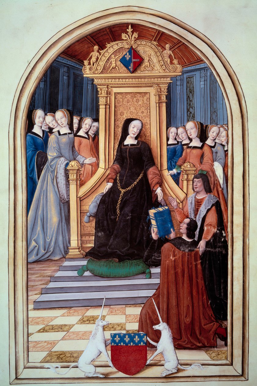 法国摄政王路易丝·德·萨瓦 (Louise de Savoie，1476-1531 年) 从亚眠市收到了两本书。 前景是亚眠的武器。 Puy Jam Notre Dame d